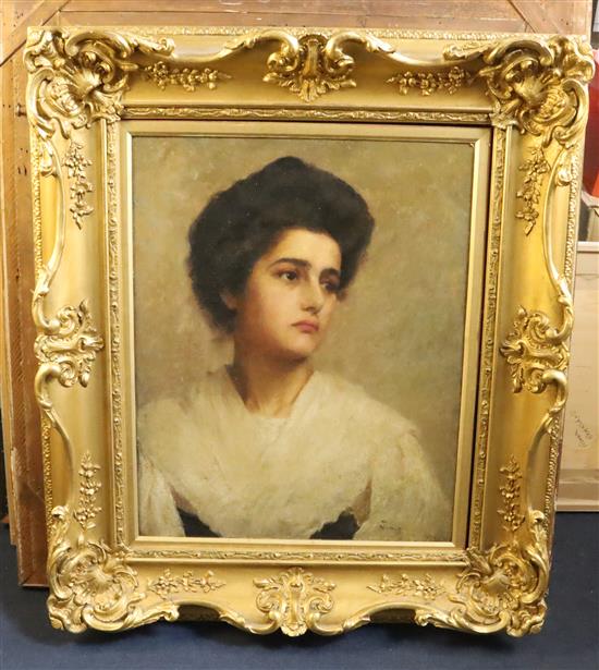 Charles Sims, R.A., R.W.S., (1873-1928) Portrait of Mrs Agnes Helen Sims, nee Macwhirter, 21 x 17in.